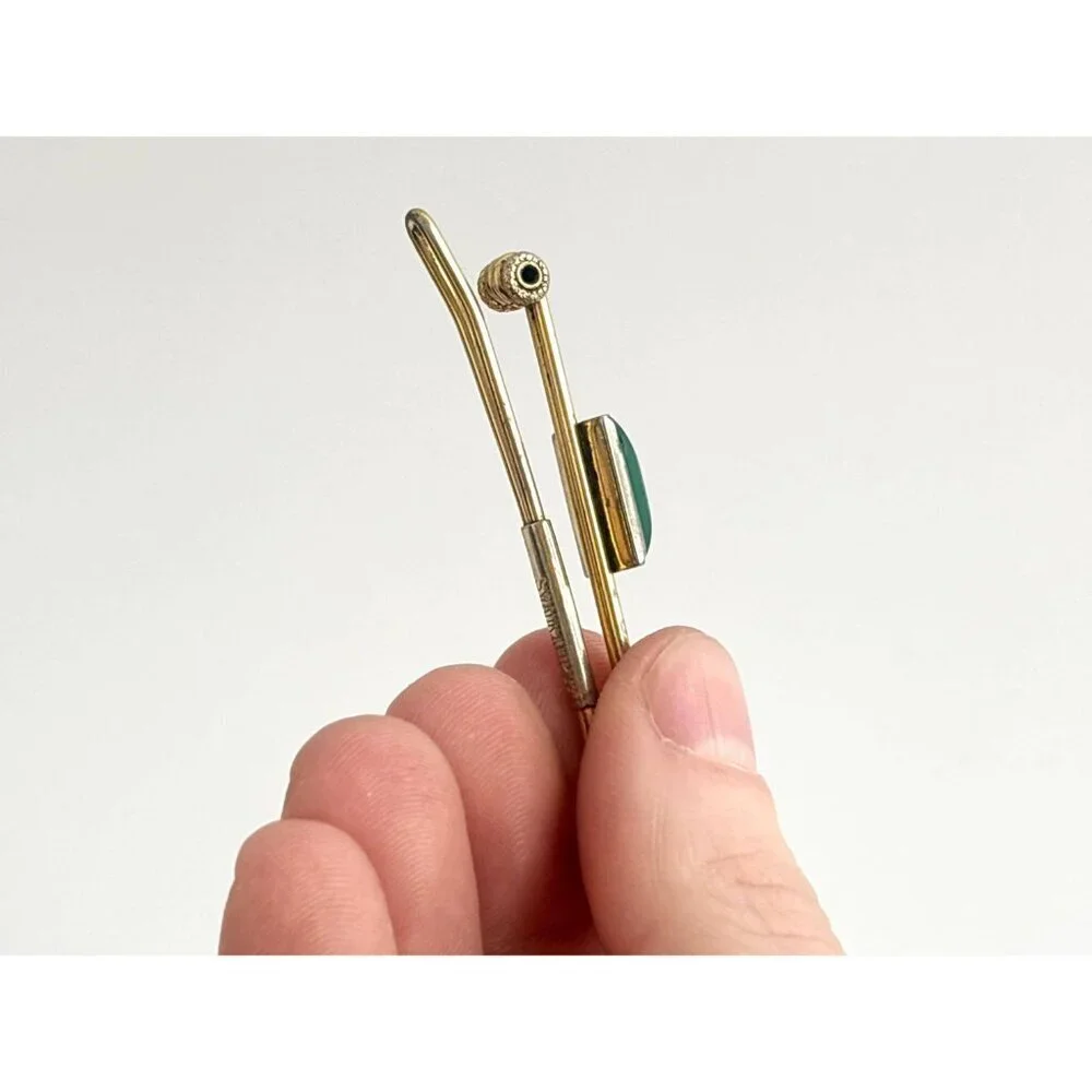 Swank Signed Faux Green Stone Gold Toned Vintage Men's Tie Bar | Tie Clip